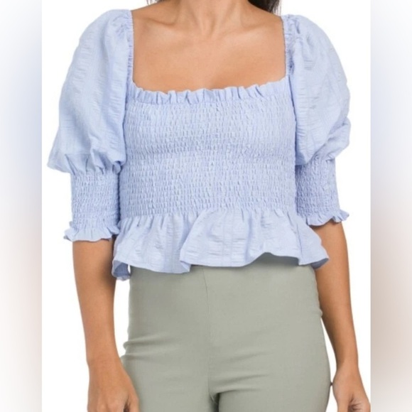 En Saison Smoked Blouse Light Blue Size Large - Picture 2 of 12